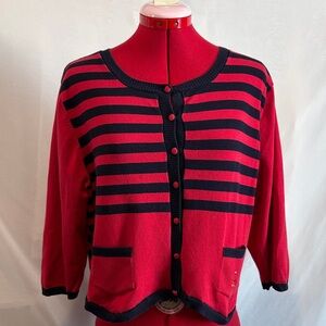 Elegant Red and Black Striped Women's Cardigan